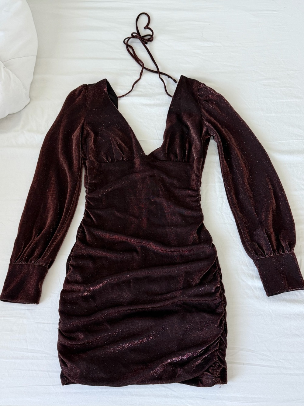 Long-Sleeve Shimmery Burgundy Ruched Mini Dress
